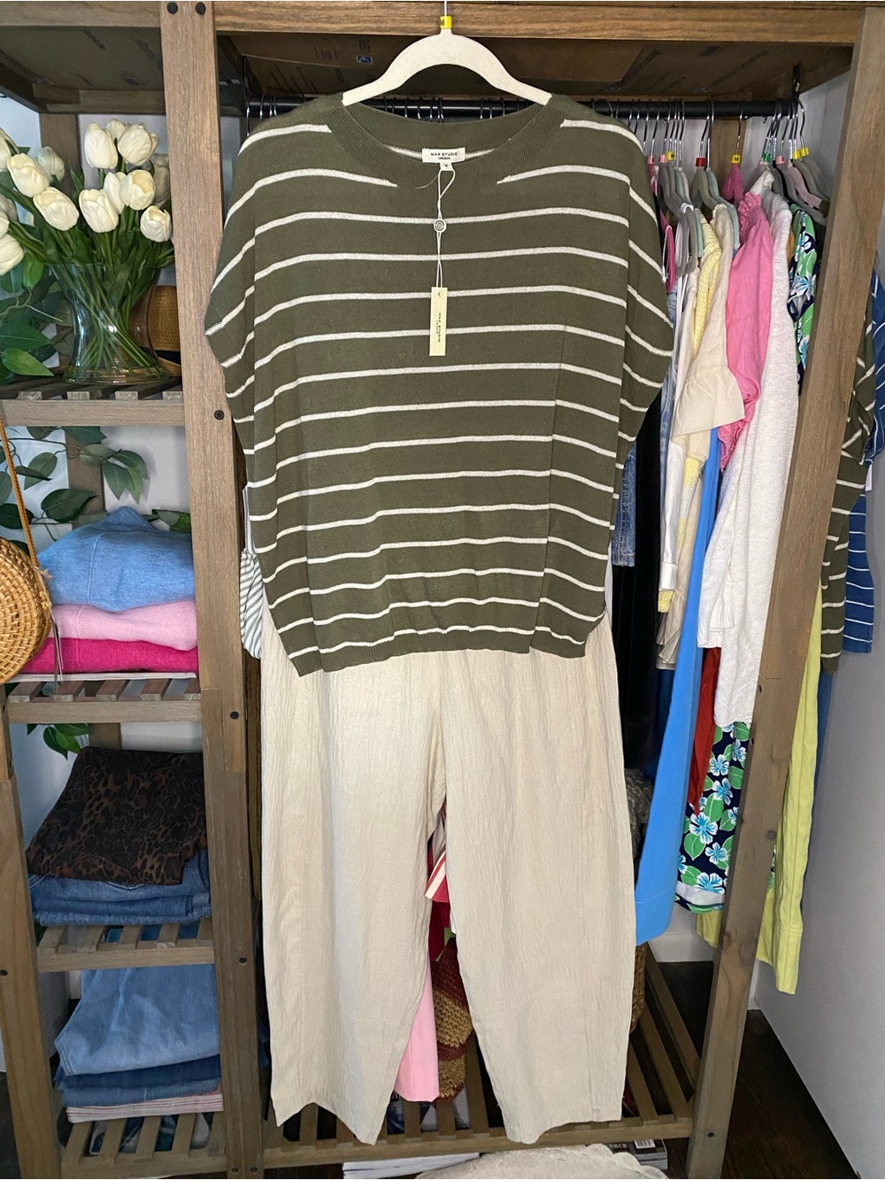 MAX STUDIO Striped Olive White Knit Top & Sand Barrel Pant Set! 🐚